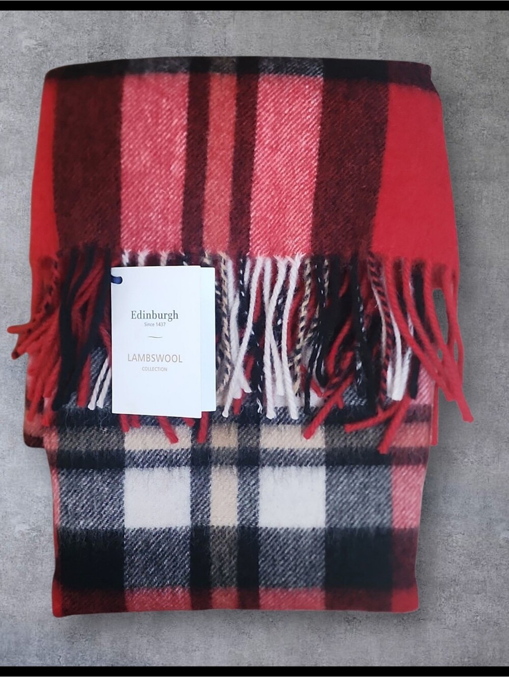 NWT Edinburgh 100% Lambswool Thomson Red Tartan Scarf Wide Fringe Unisex NEW